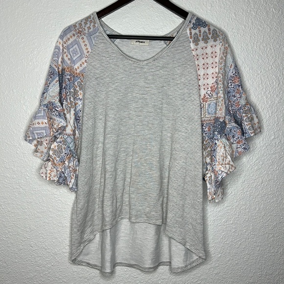 ADORA striped patchwork sleeve hi low top size medium boho festival soft comfy - Picture 1 of 6